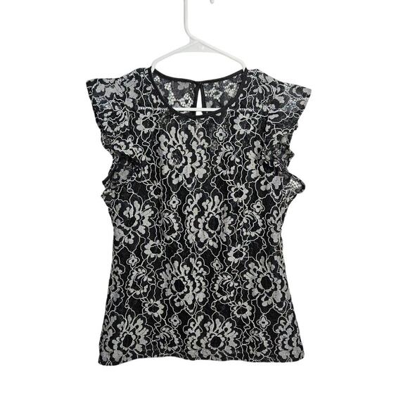 White House Black Market Tops - WHBM Lace High Neck Top Womens Flutter Sleeve Black/White Size 4 Small